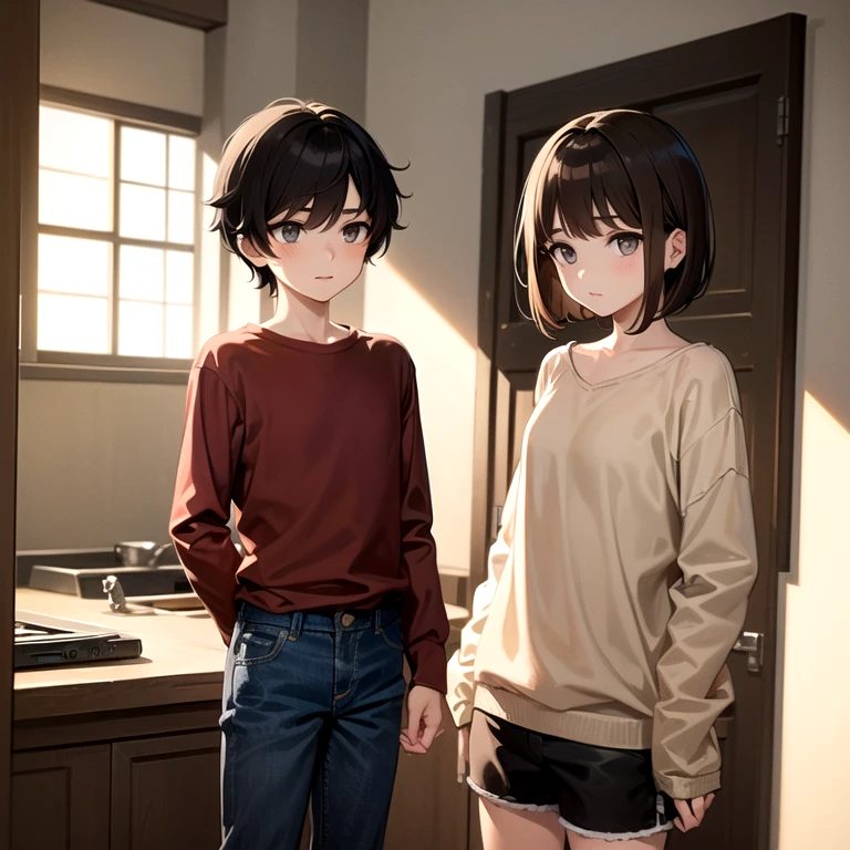 masterpiece, best quality, child, brother and sister, age difference, (1boy, medium hair, light brown hair, grey eyes, black shirt, long sleeves, pants, denim), (1girl, very short hair, brown hair, brown eyes, red shirt, black shorts), indoors