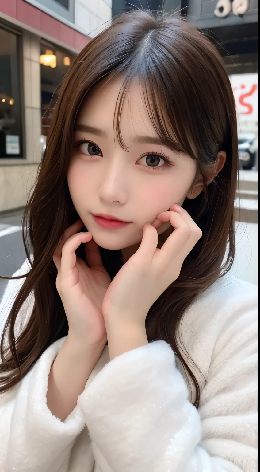 masutepiece, Best Quality, Illustration, Ultra-detailed, finely detail, hight resolution, 8K Wallpaper, Perfect dynamic composition, Beautiful detailed eyes, Fluffy winter clothes with fur,Medium Hair,Small breasts natural color lip、20 years girl、Cute、is looking at the camera,slim face and body,the met,KPOP Idol Face、Japan Idol Face,Beautiful detailed face,Perfect and beautiful face,Classy face