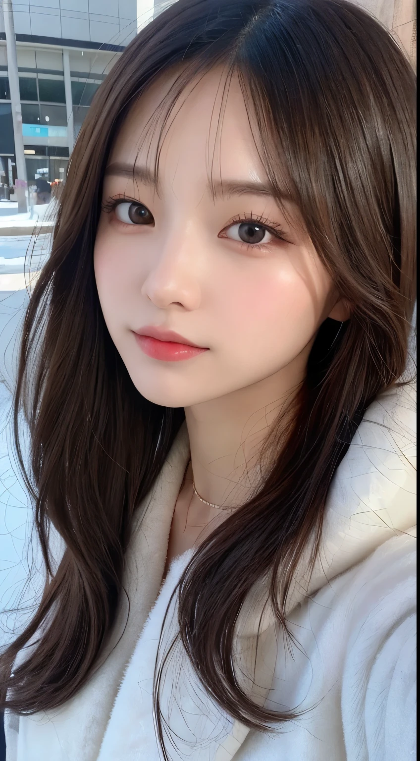 masutepiece, Best Quality, Illustration, Ultra-detailed, finely detail, hight resolution, 8K Wallpaper, Perfect dynamic composition, Beautiful detailed eyes, Fluffy winter clothes with fur,Medium Hair,Small breasts natural color lip、20 years girl、Cute、is looking at the camera,slim face and body,the met,KPOP Idol Face、Japan Idol Face,Beautiful detailed face,Perfect and beautiful face,Classy face