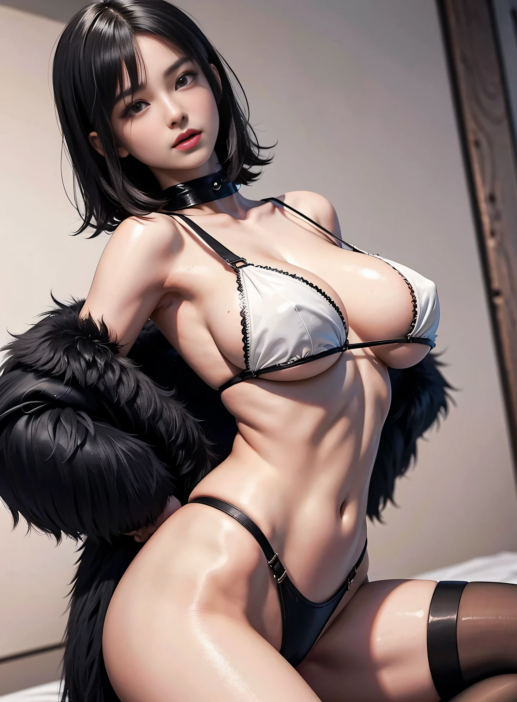 sfw, Photo, Best quality, high resolution 8k,most beautiful ager,17 yite skin, ultra detailed, European, short hair disheveled, beautiful black hair with bangs perfect body, toned,exuberant exotic, erotic, , big breasts,narrow waist, big buttocks very well detailed, Fubuki , one punch-man, open fur coat,micro lingerie, wearing bra,((skinny waist)), young asian girl, ((big boobs)),