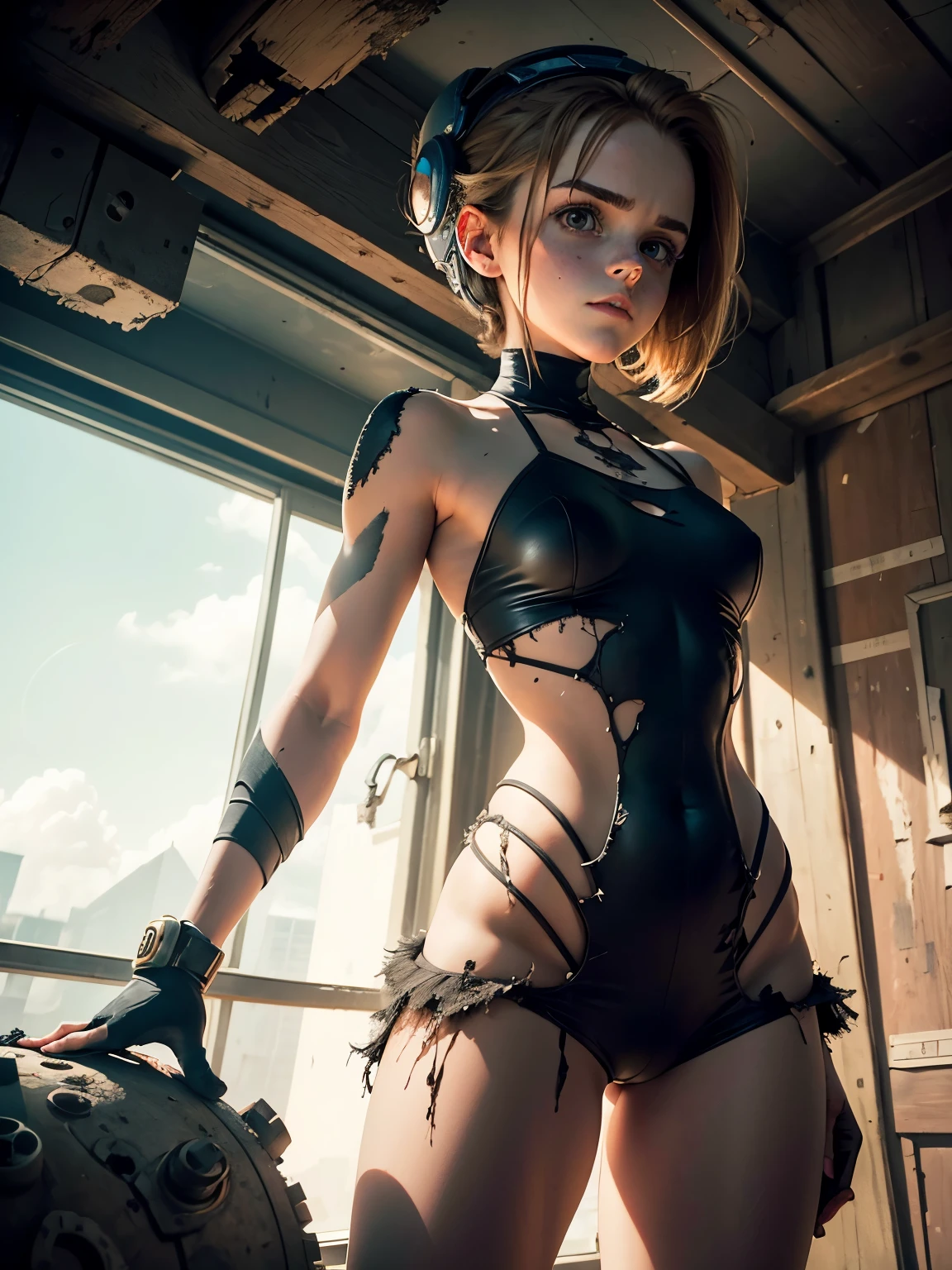 a beautiful emma watson dressed as megaman standing and stretching her arms as a captivating figure amidst the desolation. her physical appearance tells a story of tragic transformation and decay, evoking both fascination and a sense of unease. the teenrobot girl's once-youthful countenance is marred by the relentless grip of decay. Their her flesh, once vibrant and alive, now hangs in tattered shreds, exposing patches of decomposed muscle and bone beneath.