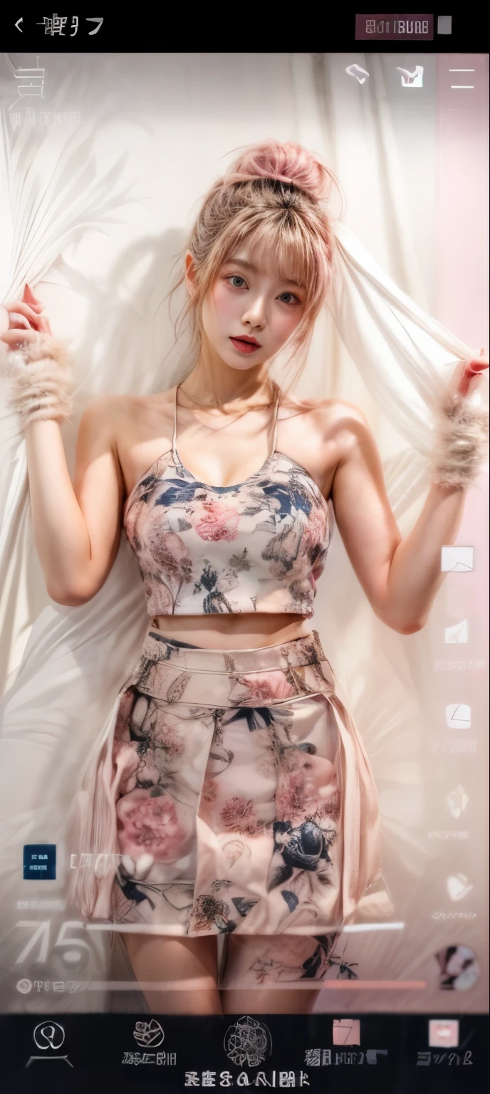 masterpiece、8K、32K、top-quality、(A detailed eye)、(A cute Japanese woman、bangss:1.3)、23years old、1 girl in、elegent、(Detailed background depiction、portlate:1.2)、(Plain white wall:1.1)、(pink damaged skirt:1.5)