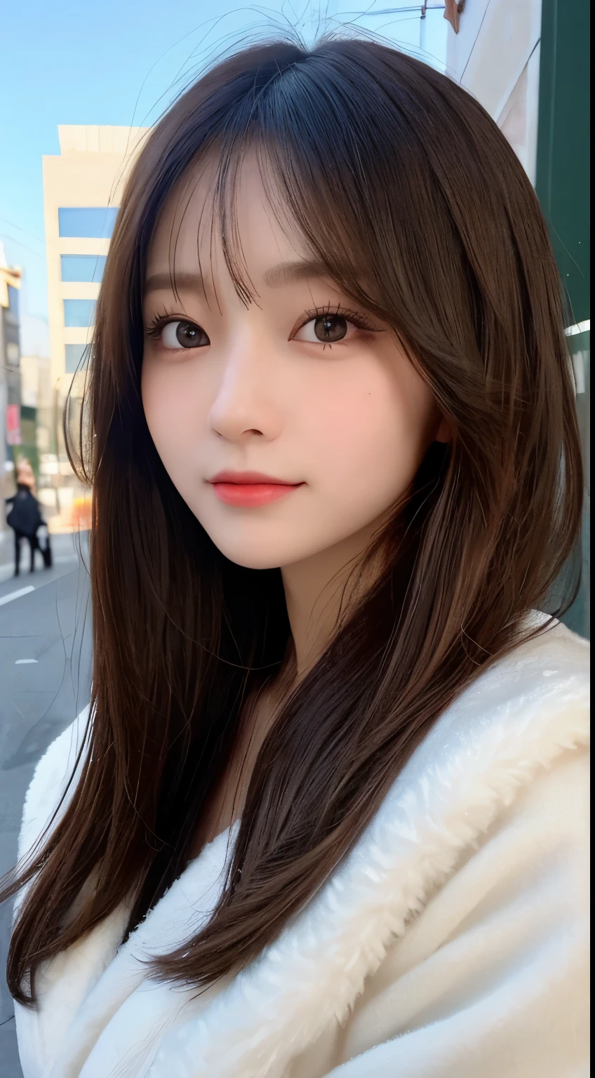 masutepiece, Best Quality, Illustration, Ultra-detailed, finely detail, hight resolution, 8K Wallpaper, Perfect dynamic composition, Beautiful detailed eyes, Fluffy winter clothes with fur,Medium Hair,Small breasts natural color lip、20 years girl、Cute、is looking at the camera,slim face and body,the met,KPOP Idol Face、Japan Idol Face,Beautiful detailed face,Perfect and beautiful face,Classy face