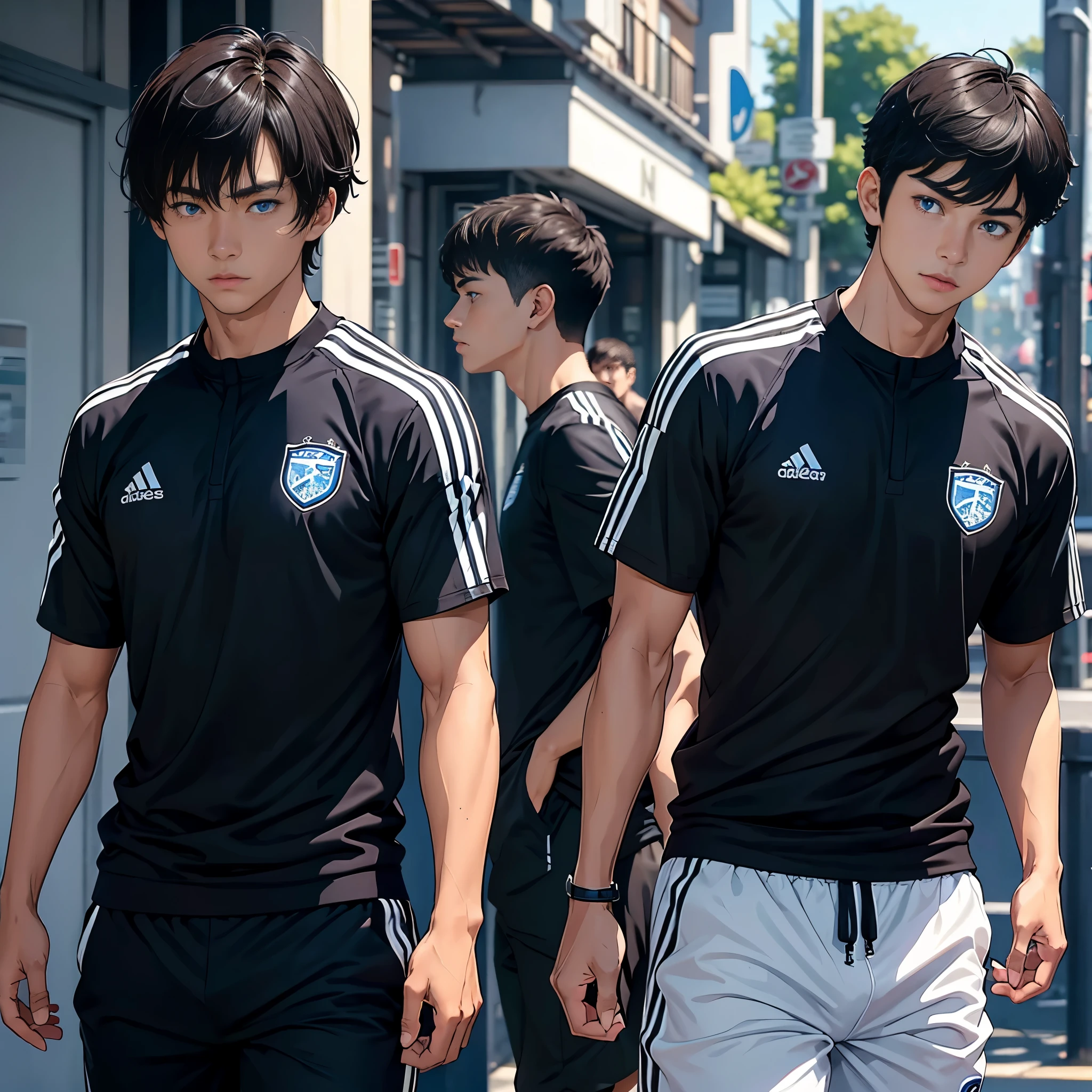 1 boy, 20 year old boy, brown skin colour, soccer player, lean muscular build, blue eyes, black short hair with bangs,He wears high-end sportswear, the man looks confident and determined,looking-down, in a photoshoot,