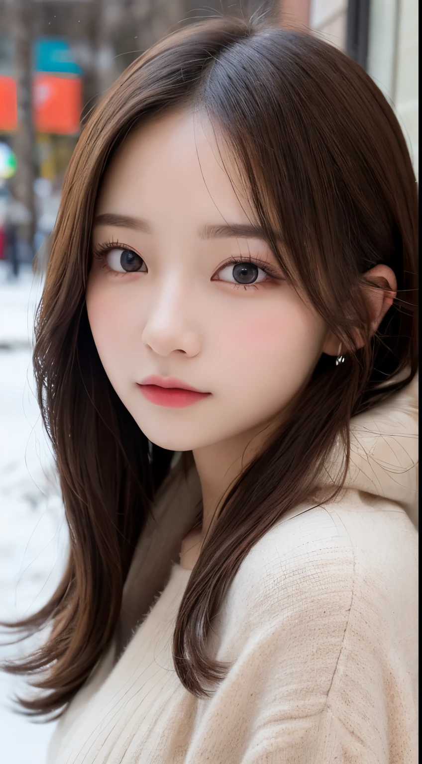 masutepiece, Best Quality, Illustration, Ultra-detailed, finely detail, hight resolution, 8K Wallpaper, Perfect dynamic composition, Beautiful detailed eyes, Fluffy winter clothes with fur,Medium Hair,Small breasts natural color lip、20 years girl、Cute、is looking at the camera,slim face and body,the met,KPOP Idol Face、Japan Idol Face,Beautiful detailed face,Perfect and beautiful face,Classy face