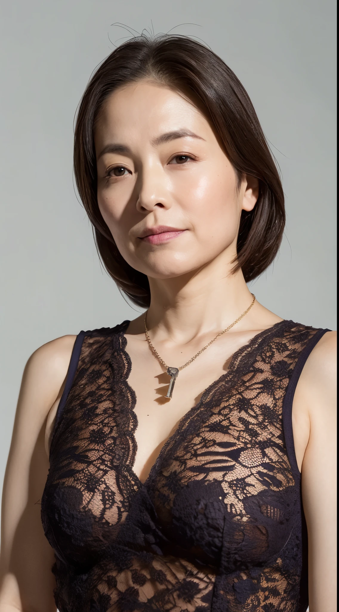 Remove Background, gravure, facing front, Wearing a necklace, Fancy makeup, from the chest up, masutepiece, Best Quality, Ultra-detailed, Photorealistic, Ultra-detailed細なスキン, Perfect Anatomy, (1 japanese mature woman), (Solo), 95 years old, Large breasts, Mature Woman Politician, glamor, A sexy, Chromo-white skin, Looking at Viewer