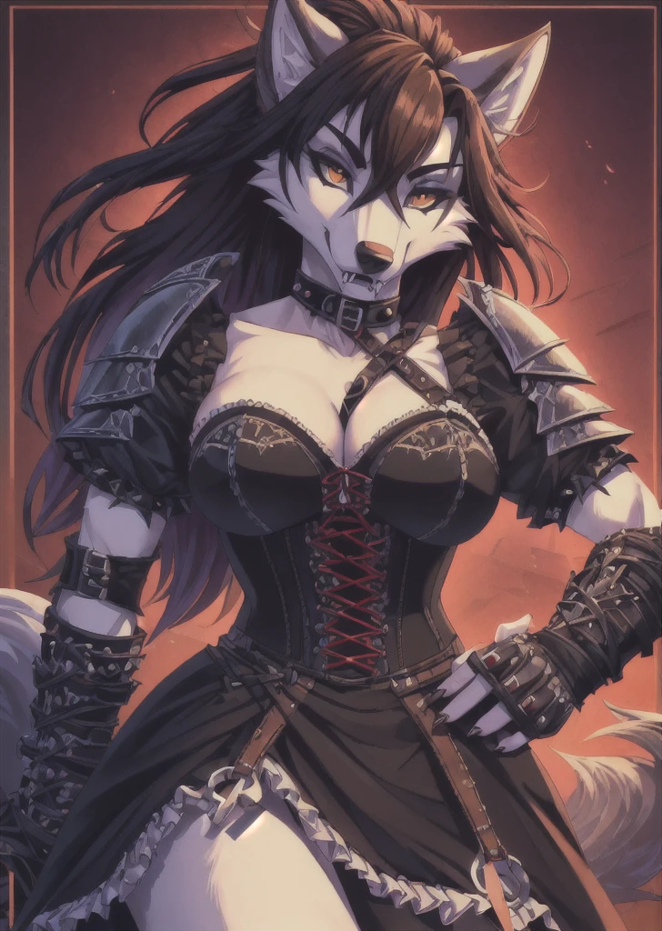 ((best quality, masterpiece, 4k, 8k, high res)), ((furry; Anthro Wolf)), brunette, dynamic fighting pose, ferocious, fangs, full body, female werewolf, sexy, vibrant colors, (edgy punk hairstyle), knight armor, well-toned abs, Victorian dress, goth corset,