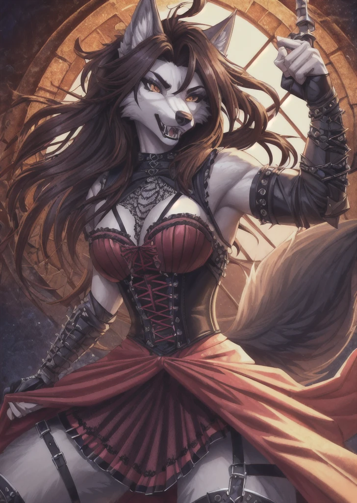 ((best quality, masterpiece, 4k, 8k, high res)), ((furry; Anthro Wolf)), brunette, dynamic fighting pose, ferocious, fangs, full body, female werewolf, sexy, vibrant colors, (edgy punk hairstyle), knight armor, well-toned abs, Victorian dress, goth corset,