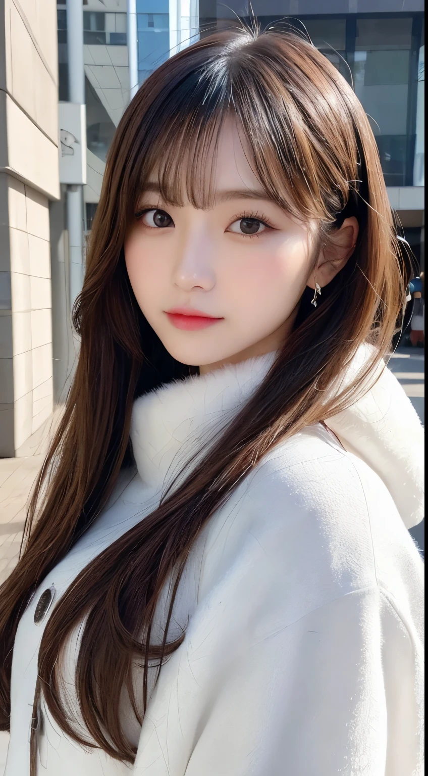 masutepiece, Best Quality, Illustration, Ultra-detailed, finely detail, hight resolution, 8K Wallpaper, Perfect dynamic composition, Beautiful detailed eyes, Fluffy winter clothes with fur,Medium Hair,Small breasts natural color lip、20 years girl、Cute、is looking at the camera,slim face and body,the met,KPOP Idol Face、Japan Idol Face,Beautiful detailed face,Perfect and beautiful face,Classy face