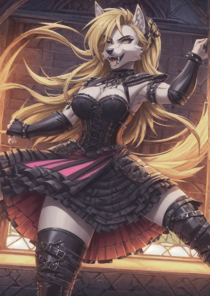 ((best quality, masterpiece, 4k, 8k, high res)), ((furry; Anthro Wolf)), blonde, dynamic fighting pose, ferocious, fangs, full body, female werewolf, sexy, vibrant colors, (edgy punk hairstyle), knight armor, well-toned abs, Victorian dress, goth corset,