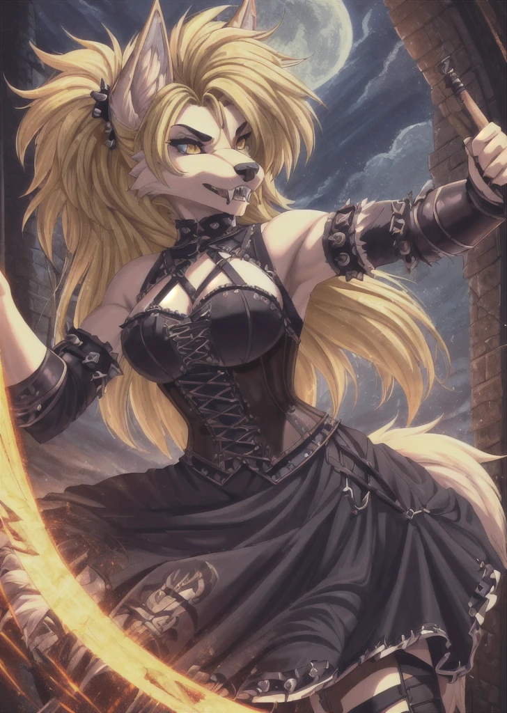 ((best quality, masterpiece, 4k, 8k, high res)), ((furry; Anthro Wolf)), blonde, dynamic fighting pose, ferocious, fangs, full body, female werewolf, sexy, vibrant colors, (edgy punk hairstyle), knight armor, well-toned abs, Victorian dress, goth corset,