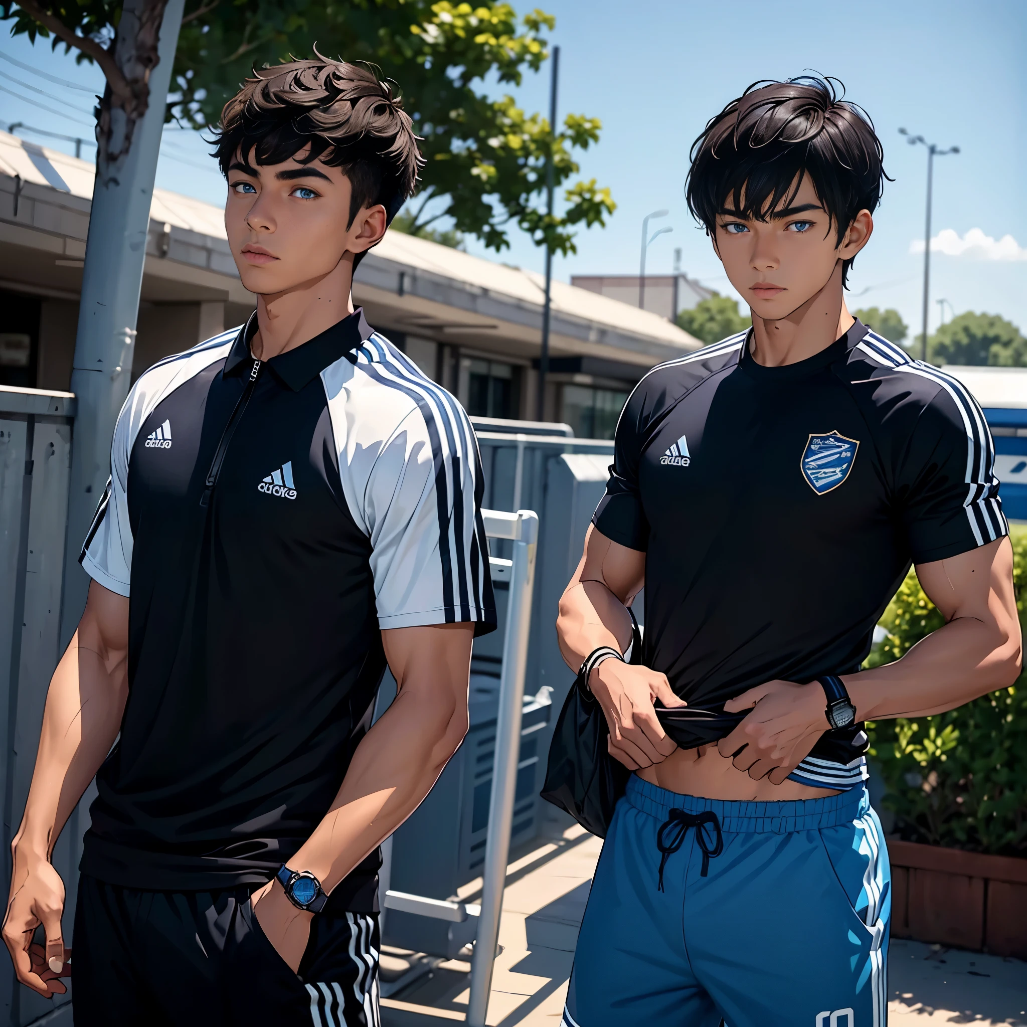 1 boy, 20 year old boy, brown skin colour, soccer player, lean muscular build, blue eyes, black short hair with bangs，He wears high-end sportswear, the man looks confident and determined，looking-down, in a photoshoot,