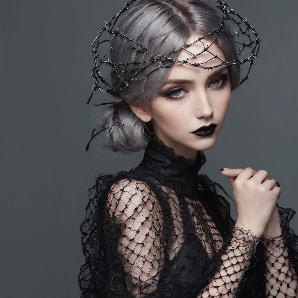 Girl with gothic net symbolic clothes, 。.com (Barbed wire of the body) brunette color hair,Gray hair ends