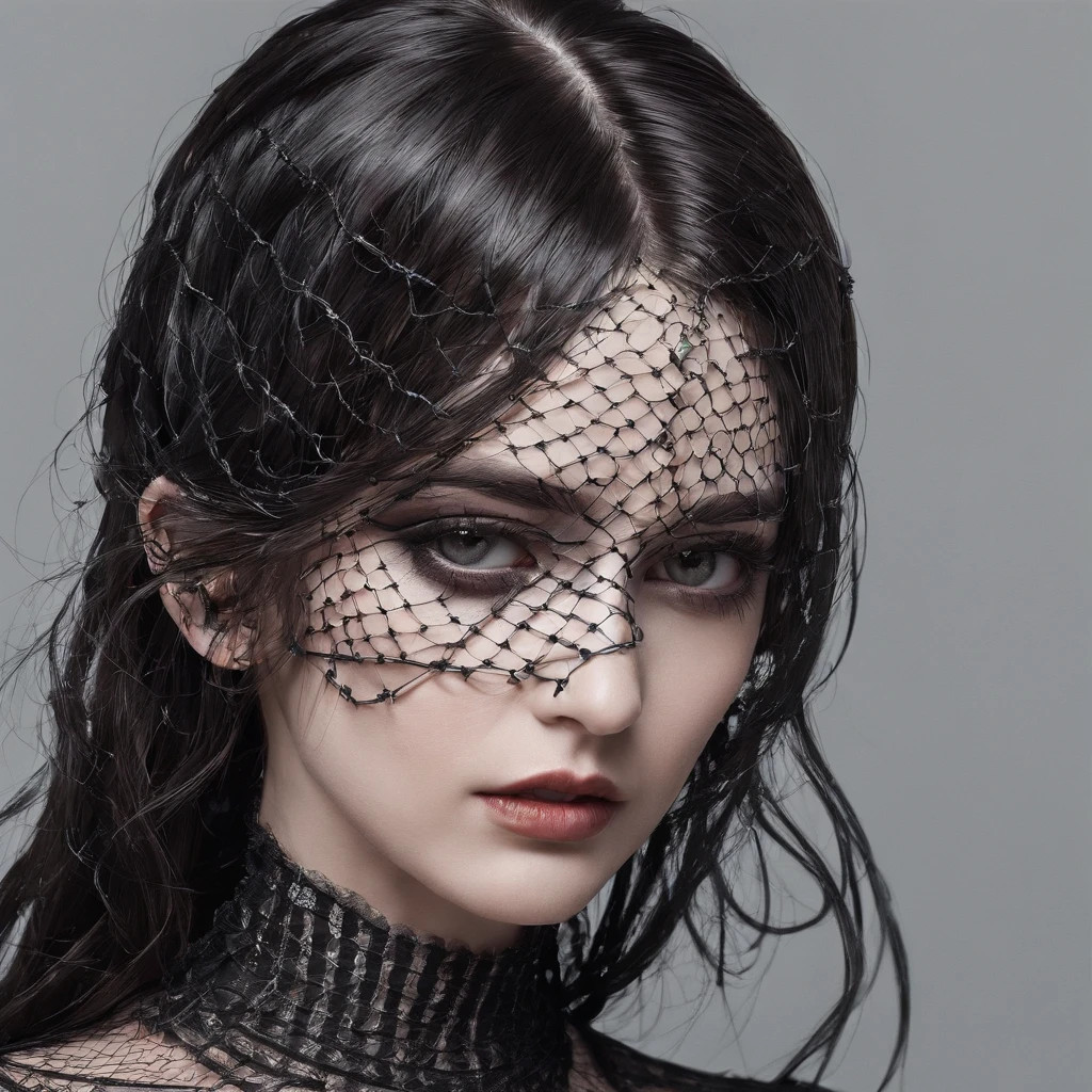 Girl with gothic net symbolic clothes, 。.com (Barbed wire of the body) brunette color hair,Gray hair ends