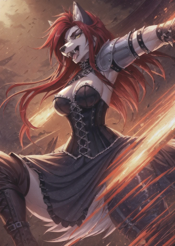 ((best quality, masterpiece, 4k, 8k, high res)), ((furry; Anthro Wolf)), red hair, dynamic fighting pose, ferocious, fangs, full body, female werewolf, sexy, vibrant colors, (edgy punk hairstyle), knight armor, well-toned abs, Victorian dress, goth corset,