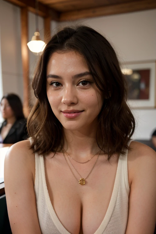 (in 8K, Raw-Photo, best quality, masterpiece:1.2), 1 girls , 20yo, 3/4 body, a beauty, asian, japanese mix, Balkans ancestry, slim normal body, caramel layered hair color, short hair, (wavy hair), bob cuts hair,(Show your teeth and smile), looking at viewer, blazers, tucked in shirts, ripped skinny jeans, office outfit, professional look, (beads necklace:1.2), ((The highest quality, 16 k, masterpiece: 1.3)), Biologically Correct Human, reference, detailed faces, detailed lips, detailed eyes, glittering eyes, realistic pupils, brown pupils, outdoor, siting, elegance, at the coffee shop, light on the face, golden hours, ambience light, backlight, summer, people in the background watching, cinematic look, deep depths of field, blurry background, holding a playing card