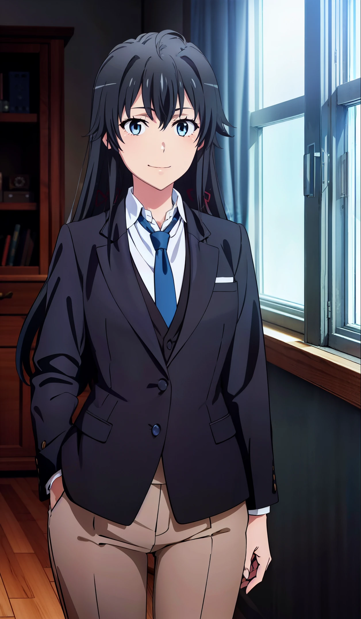 Best quality, masterpiece, highres,Yukinoshita yukino ,woman in formal attractive tailcoat standing in a large alcove in the room , 1girl, solo, blue necktie, black hair, blue eyes, long hair, smile , collared shirt, white pants, white shirt , tailored tailcoat elegant , standing in front of a window ,tailcoat tailored dancer party