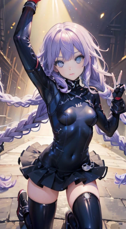 masutepiece, Best Quality, Pose leaning against wall,Squat ,Crab crotch,leotard,highleg, Elegant, 1girl in, thigh high boots, well-muscled,Cute, blushed, Looking at Viewer, From above,, Mini skirt, White and black striped T-shirt, Blue eyes, Beautiful eyes, Beautiful background, light Particle, Sun rays, Dramatic Lighting, Outside, shiny, Realistic, masutepiece, Best Quality, Ultra-detailed, Detailed, Scenery, Beautiful detailed eyes, detailed hairs