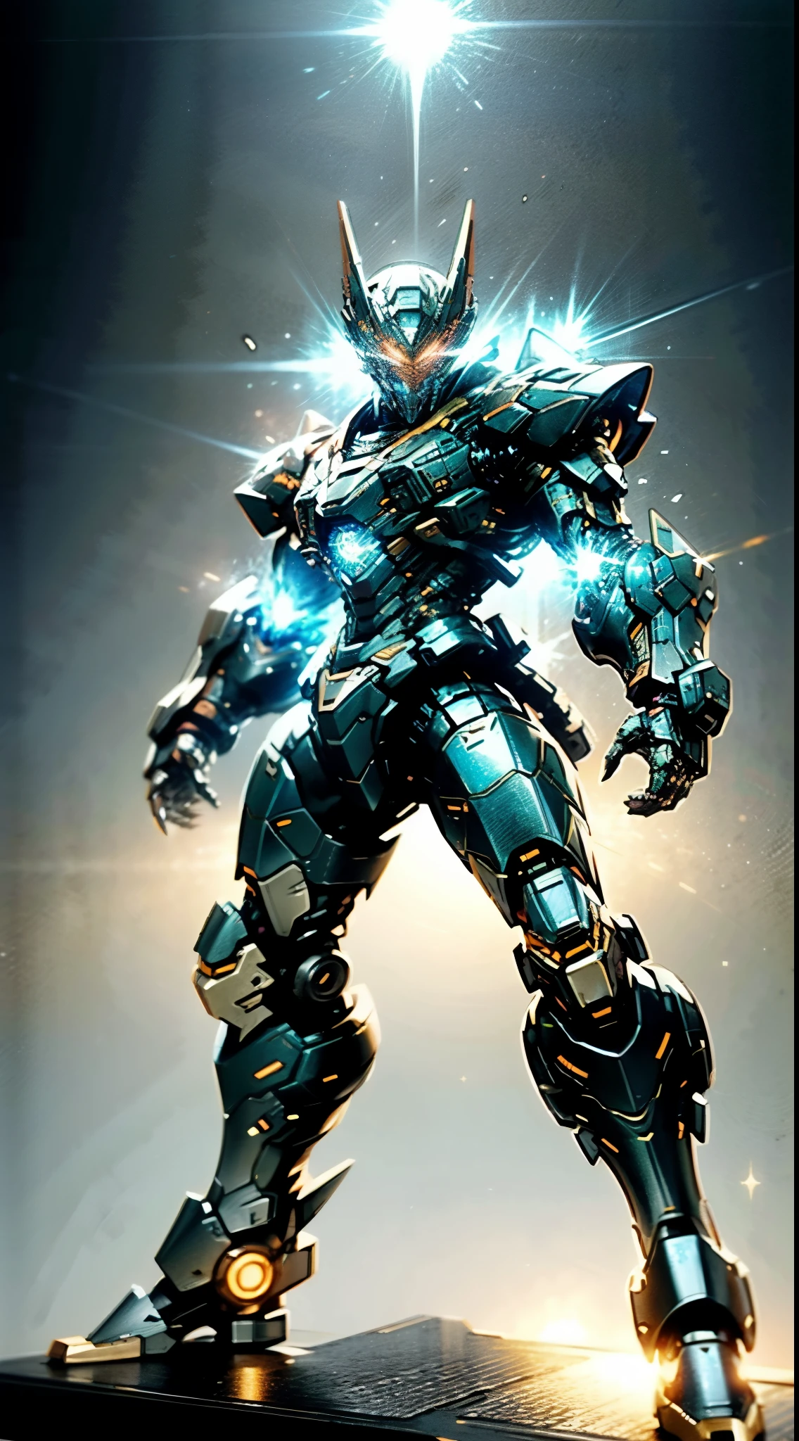 A high-tech combat armor suit inspired by Godzilla concept, Godzilla concept biotech battle armor, High-tech armored suits, psychedelic details, BiophyllTech, add electric power around, A bio-sensitive high-tech battle armor suit infused with Godzilla characteristics, The angular design on the body is illuminated and the display is charging, energy waves, Energy particles, octane render, unreal engine 5, high definition, best quality, highres, ultra-detailed, fantasy, Ultra-complex design, ultra-fine painting, extremely delicate, professional, perfect images quality, realistic, sure real, creativity, RAW photo, UHD, 32k, Natural light, cinematic lighting, best shadow, anatomically correct, masterpiece-anatomy-perfect, masterpiece:1.5