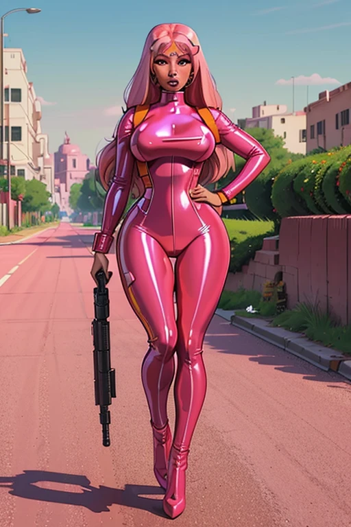 (nicki minaj), (fullbody), curvy, brown skin, long pink hair with bangs, makeup, super detailed, glossy pink latex jumpsuit holding an anti-tank gun, glossy pink latex outfit, wearing black utility belt and gun holsters, background is ruined city, warzone, female action girl,