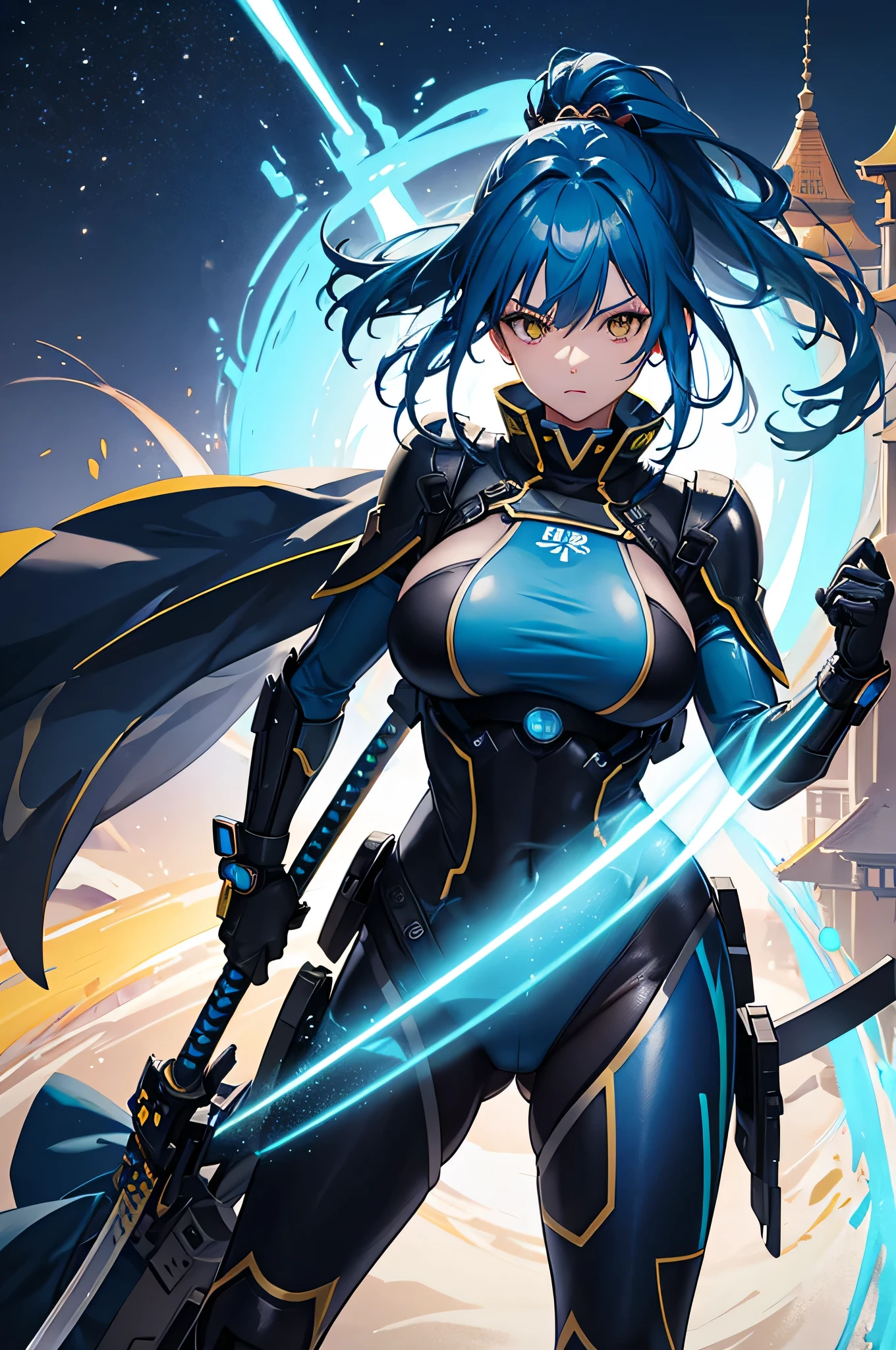 4K,hight resolution,One Woman,Bright blue hair,Short ponytail,Yellow eyes,Colossal tits,samurais,light blue tight cyber suit,Japanese Katana Sword,futuristic castle,Night background