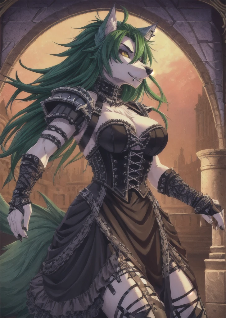 ((best quality, masterpiece, 4k, 8k, high res)), ((furry; Anthro Wolf)), green hair, feral pose, ferocious, fangs, full body, female werewolf, sexy, vibrant colors, (edgy punk hairstyle), knight armor, well-toned abs, Victorian dress, goth corset,