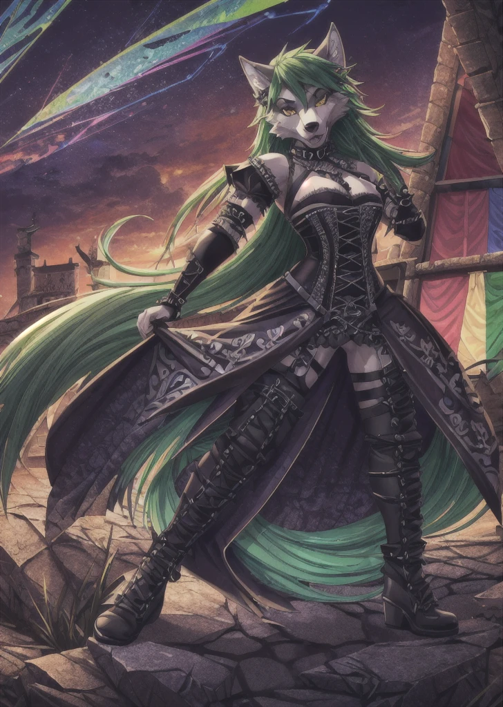 ((best quality, masterpiece, 4k, 8k, high res)), ((furry; Anthro Wolf)), green hair, feral pose, ferocious, fangs, full body, female werewolf, sexy, vibrant colors, (edgy punk hairstyle), knight armor, well-toned abs, Victorian dress, goth corset,