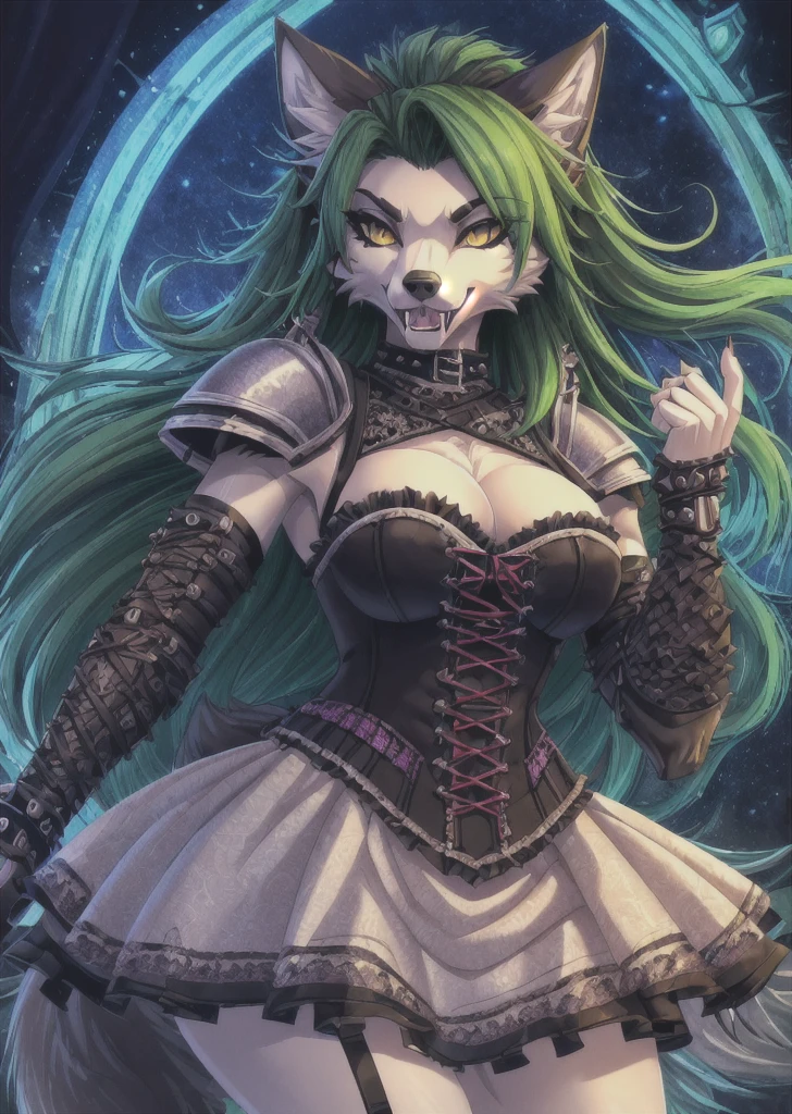((best quality, masterpiece, 4k, 8k, high res)), ((furry; Anthro Wolf)), green hair, feral pose, ferocious, fangs, full body, female werewolf, sexy, vibrant colors, (edgy punk hairstyle), knight armor, well-toned abs, Victorian dress, goth corset,