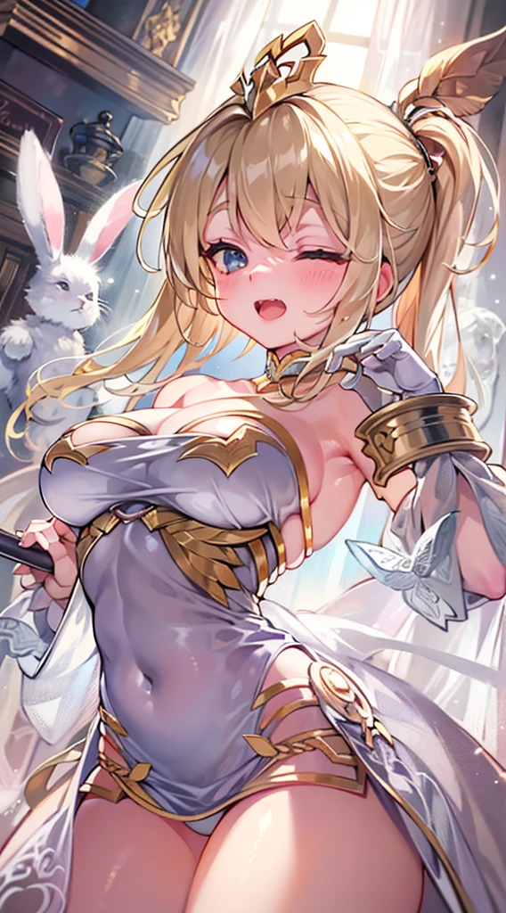 1 woman, artoria pendragon(rulete Grand Order)(), metal sandals, look up from below，huge breasts, erect tits, white skin, beautiful belly button, very wet beautiful glamorous body, long high pony tail blonde hair, 2 human hands, five fingers, white metallic gold bunny dress, sleeping style, spread legs, crotch groove, overall view, very luxury hotel, very luxury bed room, large windows, midnight, night view, Masterpiece, UHD, highres, best quality,