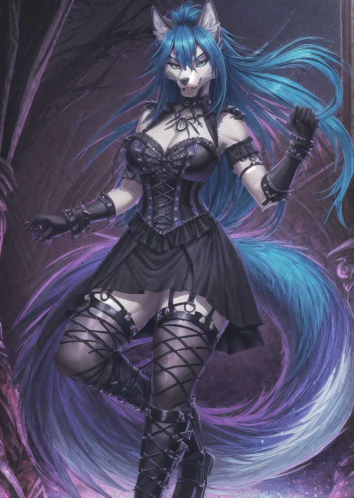 ((best quality, masterpiece, 4k, 8k, high res)), ((furry; Anthro Wolf)), blue hair, feral pose, ferocious, fangs, full body, female werewolf, sexy, vibrant colors, (edgy punk hairstyle), knight armor, well-toned abs, Victorian dress, goth corset,