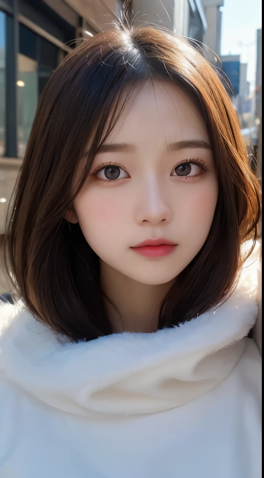 masutepiece, Best Quality, Illustration, Ultra-detailed, finely detail, hight resolution, 8K Wallpaper, Perfect dynamic composition, Beautiful detailed eyes, Black fluffy winter clothes with fur,Medium Hair,Small breasts natural color lip、20 years girl、Cute、is looking at the camera,slim face and body,the met,KPOP Idol Face、Japan Idol Face,Beautiful detailed face,Perfect and beautiful face,Classy face