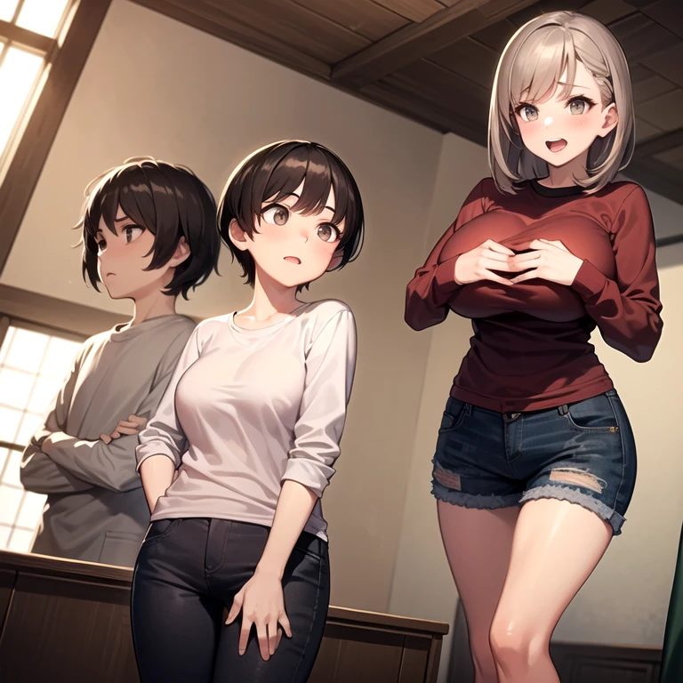 masterpiece, best quality, child, sisters, age difference, (1girl, medium hair, light brown hair, grey eyes, black shirt, long sleeves, pants, denim, big breasts, surprised, hands on own breasts), (1girl, very short hair, brown hair, brown eyes, red shirt, black shorts, happy), indoors