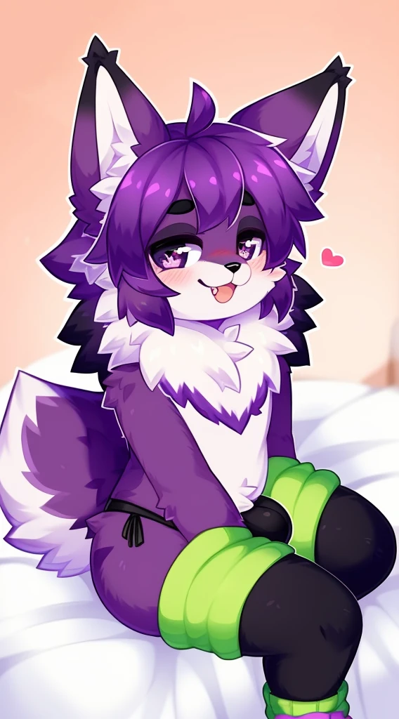 Furry male, eyeliner, eyelashes, (((black eyeshadow))), ((male focus)), lynx, (((purple fur))), (purple hair), furry, cute fangs, cute, medium hair, furry, anime style, fluff, fluffy, thuft, disheveled, realistic fur, detailed, detailed shadows, cheeks fluff, ((fullrender)), (((neck fluff))), <3 eyes, icon portrait, avatar icon, only face, smug face, ((super fluffy)), (upper body), one fang, ((shoulder fluff)), ((shoulder tuft)), ((hairy body)), (((fluffy body))), (((furry body))), thicc thighs, detailed hands, yiffy, teasing face, ((bedroom background)), (((kemono))), ((leg warmers)), ((arm warmers)), upper body, seductive pose, solo focus, ((by jinxit)), pawpads, claws, Bulge, thong, blush, :P, sitting,