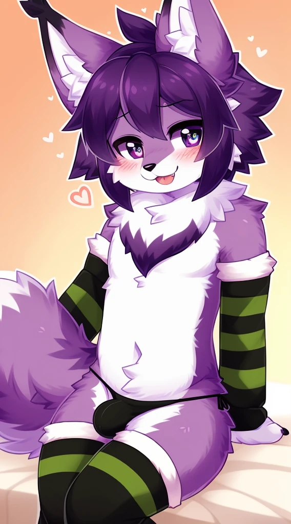 Furry male, eyeliner, eyelashes, (((black eyeshadow))), ((male focus)), lynx, (((purple fur))), (purple hair), furry, cute fangs, cute, medium hair, furry, anime style, fluff, fluffy, thuft, disheveled, realistic fur, detailed, detailed shadows, cheeks fluff, ((fullrender)), (((neck fluff))), <3 eyes, icon portrait, avatar icon, only face, smug face, ((super fluffy)), (upper body), one fang, ((shoulder fluff)), ((shoulder tuft)), ((hairy body)), (((fluffy body))), (((furry body))), thicc thighs, detailed hands, yiffy, teasing face, ((bedroom background)), (((kemono))), ((leg warmers)), ((arm warmers)), upper body, seductive pose, solo focus, ((by jinxit)), pawpads, claws, Bulge, thong, blush, :P, sitting,