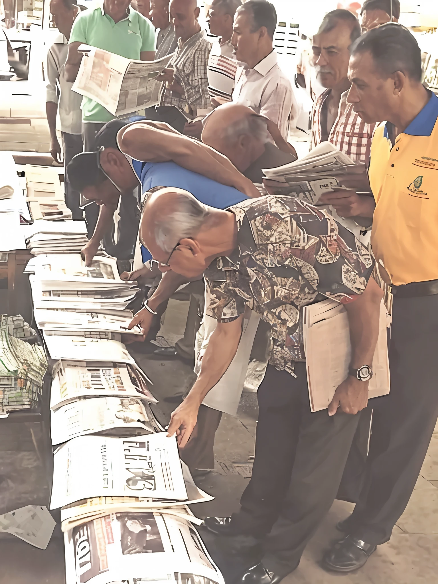 several men are looking at newspapers on a table in a market, well edited, reading the newspaper, reading a newspaper, newspaper, looking content, candid shot, many copies of them, edited, a photo, photo from a spectator, intense knowledge, slightly realistic, random content, looks smart, by Milton Menasco, still capture, newspaper photography