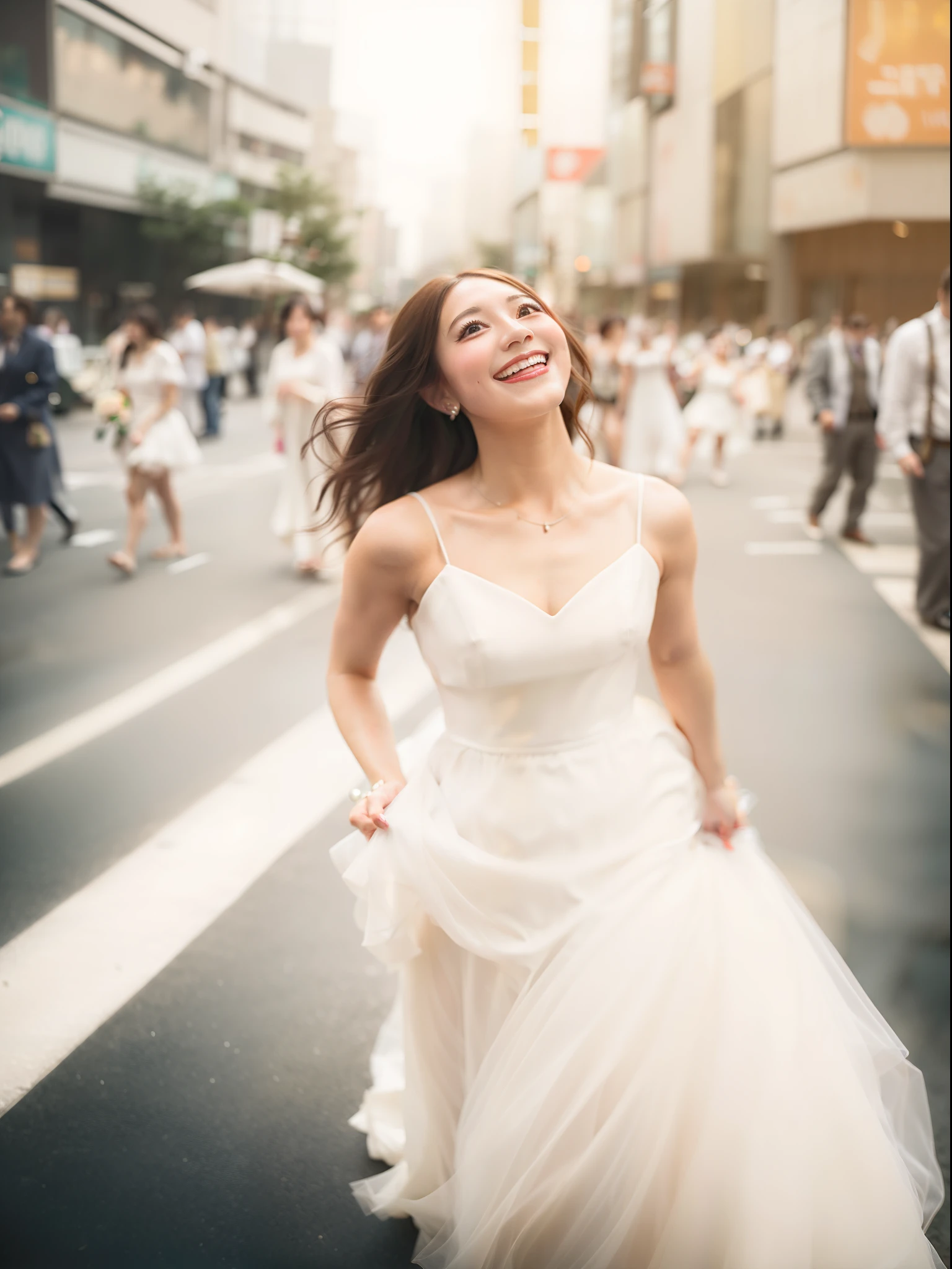 bride in white dress walking down street in city with crowd, she expressing joy, wearing a wedding dress, she is smiling and excited, bride, expressing joy. by krenz cushart, being delighted and cheerful, happy girl, Cheerful expression, she is laughing, she is smiling and happy, Smiling and dancing, very excited, laughing hysterically