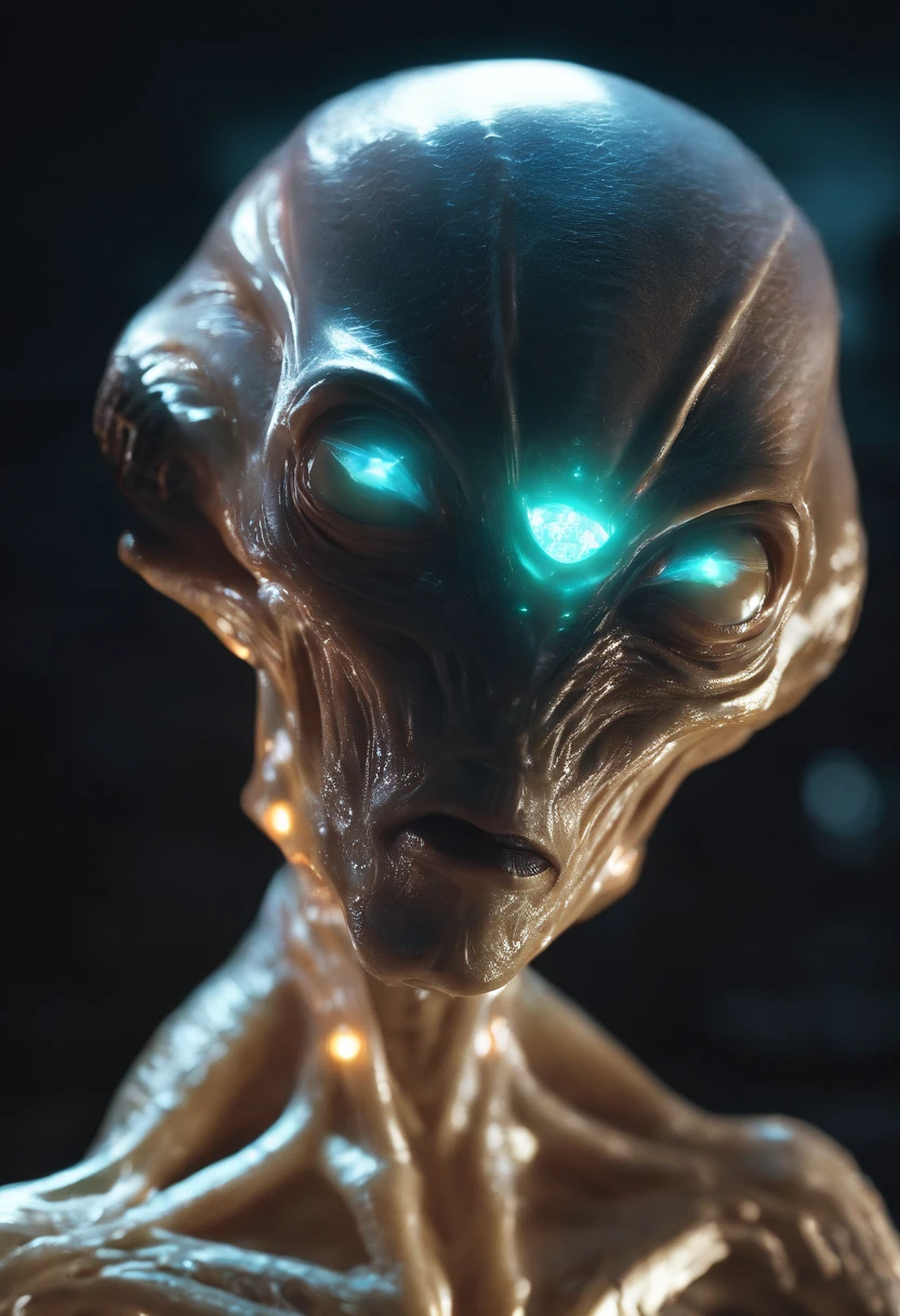 fantchar, a translucent ethereal alien with delicate features in a sci-fi setting, glowing from within, sparks and lights, moonlight, moon, close-up, realistic, highly detailed, intricate