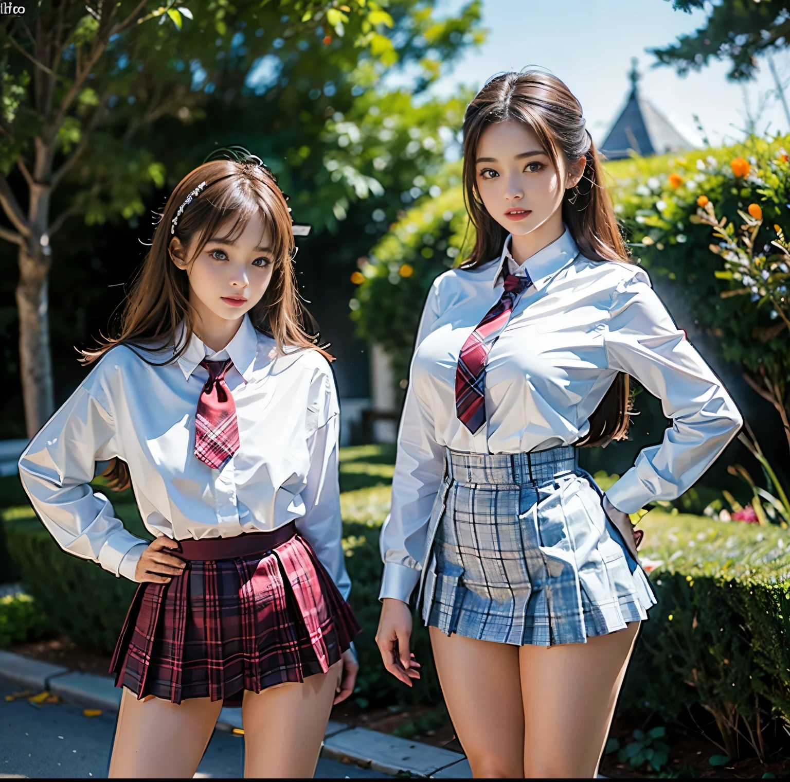 top-quality, 8K picture quality, ​masterpiece, A hyper-realistic, (Two girls side by side:1.2), Perfect body and firm big breasts, Bright whitening skin, A skin-tight white stretch blouse with a deep red ribbon tie., Micro mini pleated tartan check skirt, (the skirt is incredibly short), (Stick out your butt and show off your beautiful butt:1.3), (above the knee while standing), thin-waist, , (They&#39;re both proud of their butts), Skirtliftv1