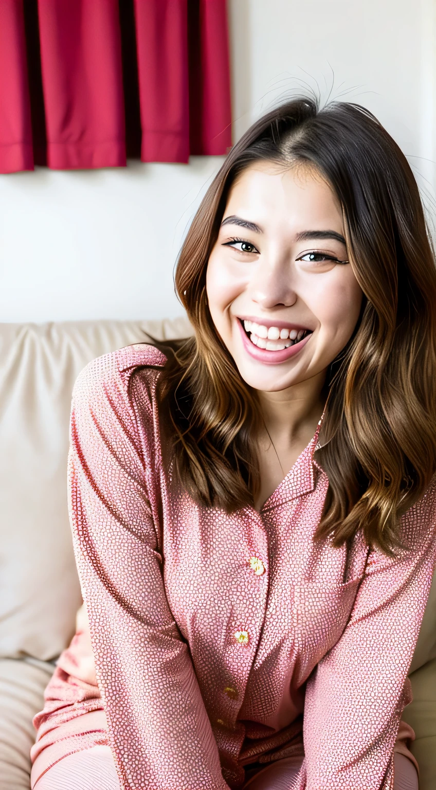 araffe woman in red and white pajamas sitting on a couch, pokimane, she is smiling and excited, violet myers, she is smiling, 2 4 year old female model, she is smiling and happy, she has perfect white teeths, she has a cute expressive face, she expressing joy, she has a cute face, long hair and red shirt