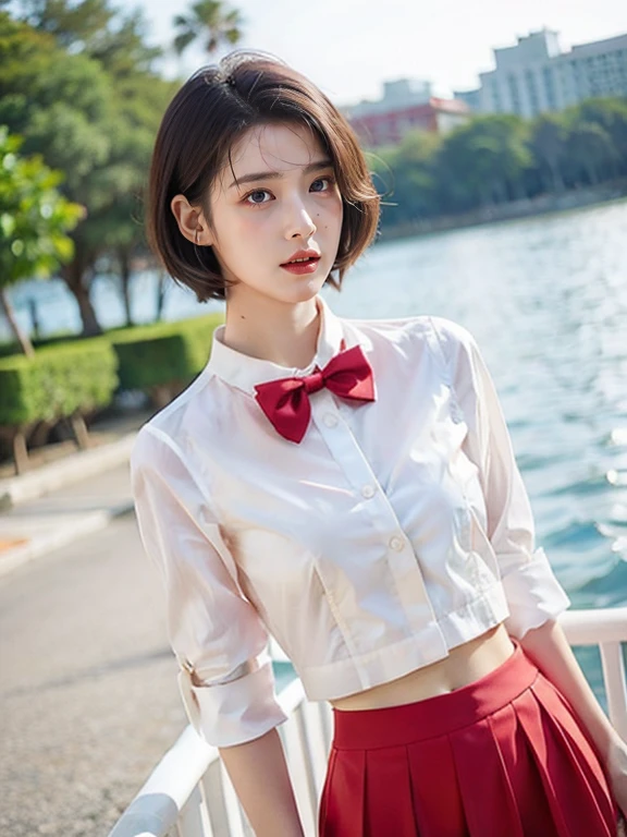 Beauty with short hair,In a white blouse shirt,red bowtie,red micro skirt,standing on the sea side,Snowflakes fluttering