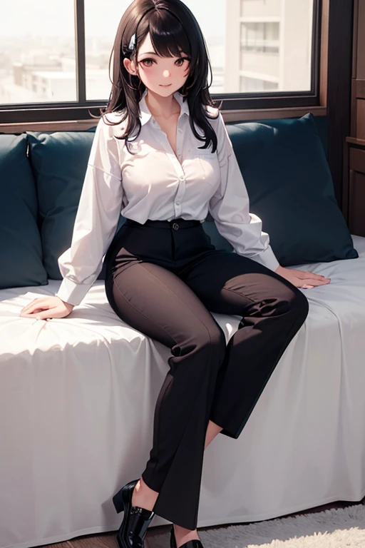 boca abierta,(besar),sexy,La mejor calidad, Stunningly Detailed,1girl,1child, sentada, cabello rubio, En pie, Pelo rojo, Cabello largo trenzado, ojos dorados, flequillo, tetas grandes, quedar, They are smiling, (mal:1.2),camisa, uniforme, white camisa, corbata negra, pantalones negros