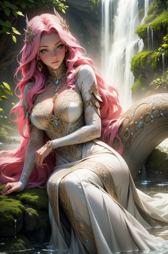 {-erro_de_anatomia:1.0}(best quality,4k,8k,highres,masterpiece:1.2), ultra-detailed, (realistic,photorealistic,photo-realistic:1.37), mature milf, illyasviel von einzbern, redhead hair, full body, vibrant colors, glowing skin, mesmerizing eyes, elegant pose, enchanting background, delicate lace dress, surreal lighting, ethereal atmosphere, mystical aura, intricate details, artistic medium, digital illustration, fantasy, anime, with a snake wrapped around her neck, bathing in a waterfall, sitting in the water, looking back
