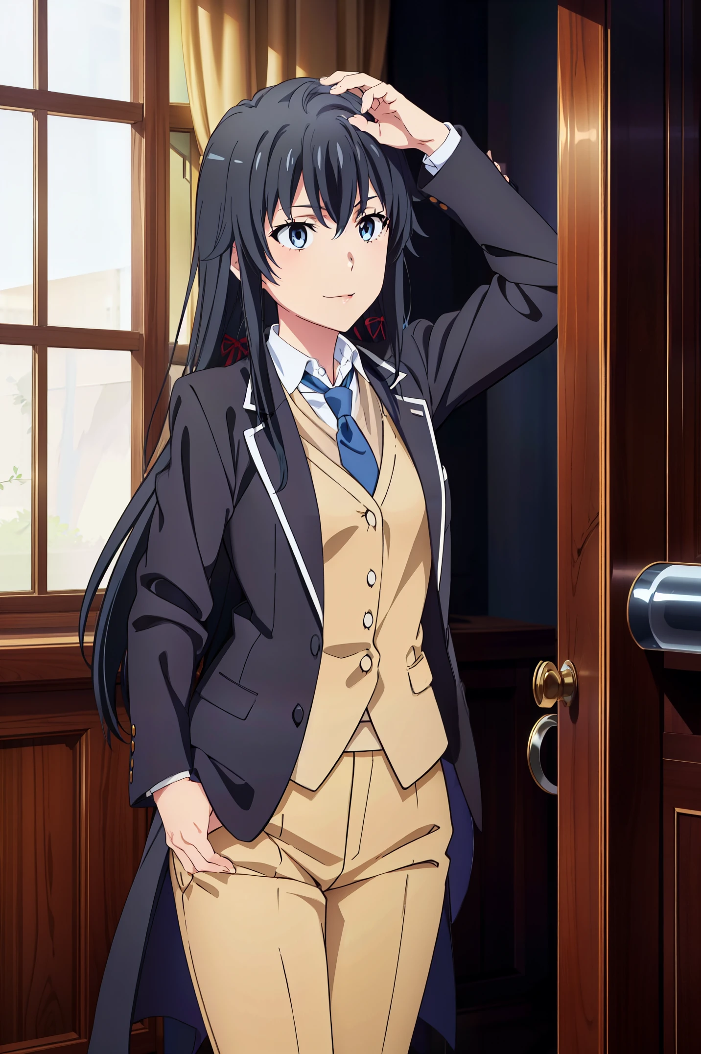 Best quality, masterpiece, highres,Yukinoshita yukino ,woman in formal attractive tailcoat standing in a large alcove in the room , 1girl, solo, blue necktie, black hair, blue eyes, long hair, smile , collared shirt, white pants, white shirt , tailored tailcoat elegant , standing in front of a window ,tailcoat tailored dancer party, badass dancer girl