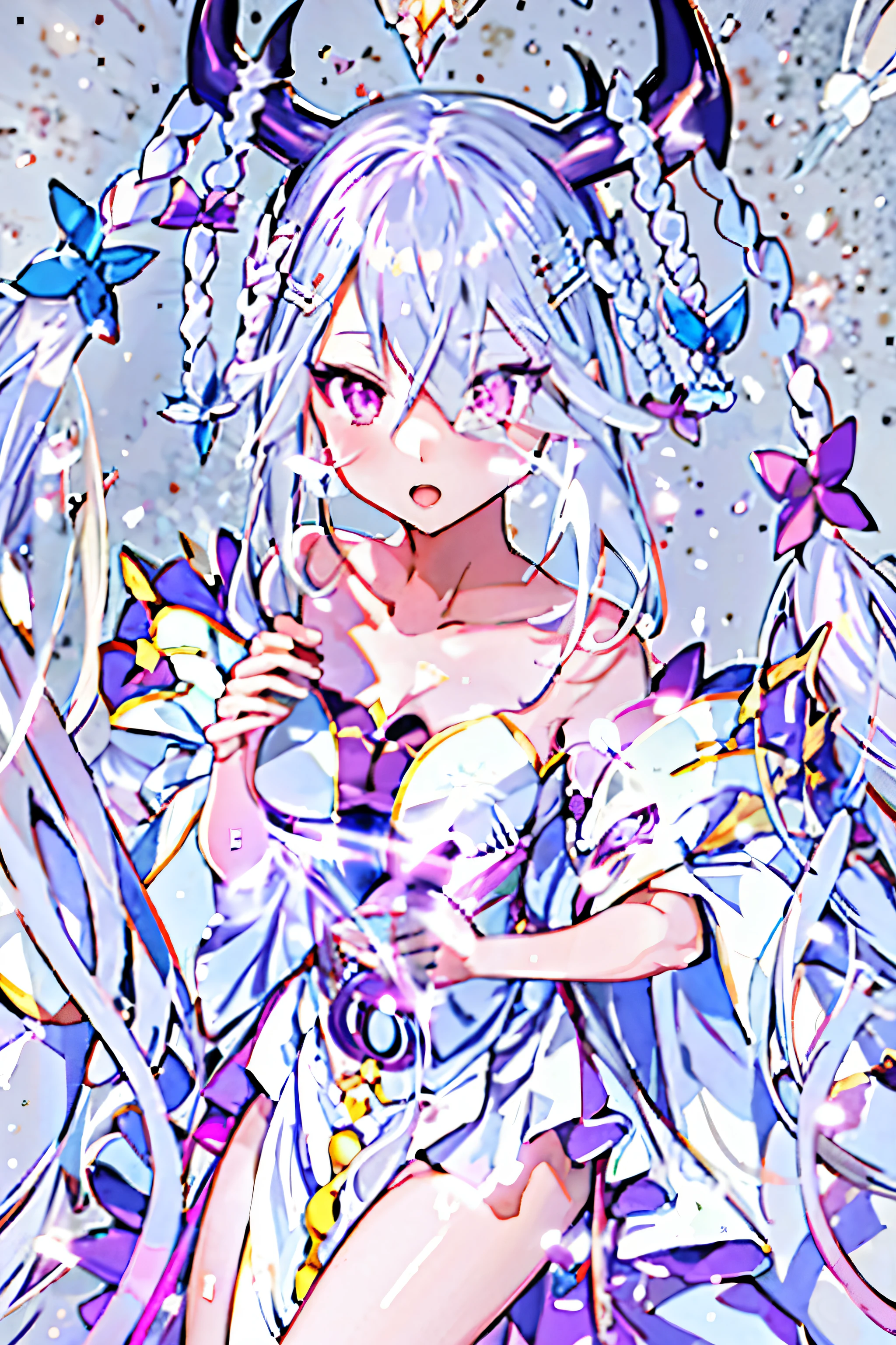 Anime girl with long white hair and purple dress with sword, white haired god, anime goddess, Cute anime waifu in a nice dress, detailed fan art, clean detailed anime art, Anime Illustration, Beautiful anime girl, anime fantasy illustration, digital art on pixiv, anime moe art style, Pixiv Contest Winner, detailed anime art, purple eyes and white dress