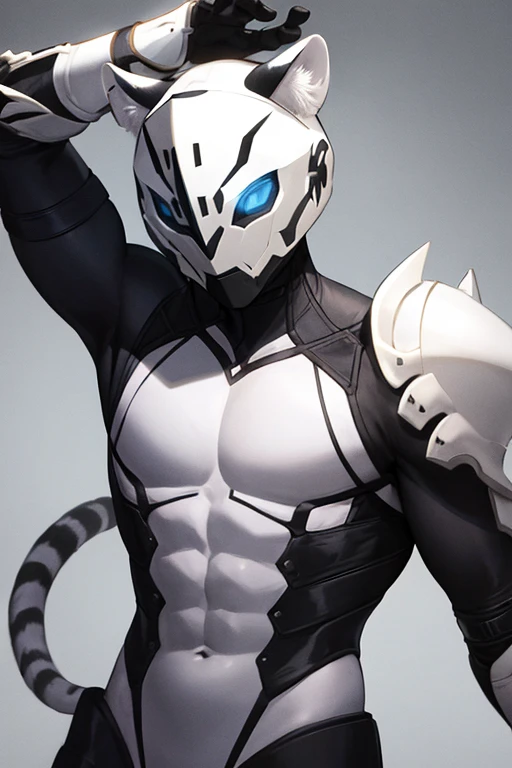 whitetiger es un tigre blanco mitad humanoide y mitad armadura futurista que  blanca
personaje macho
Su armadura esta ajustada a su cuerpo
contextura fisica fuerte
lleva guantes negros en las manos
una mascara cubre su rostro