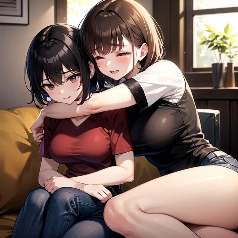 masterpiece, best quality, child, sisters, age difference, older sister, younger sister, (1girl, mature female, medium hair, light brown hair, grey eyes, black shirt, long sleeves, pants, denim, big breasts, surprised, looking down at own breasts, hands on own breasts), (1girl, very short hair, brown hair, brown eyes, red shirt, short sleeves, black shorts, happy, closed eyes, hugging leg), breast size difference, indoors