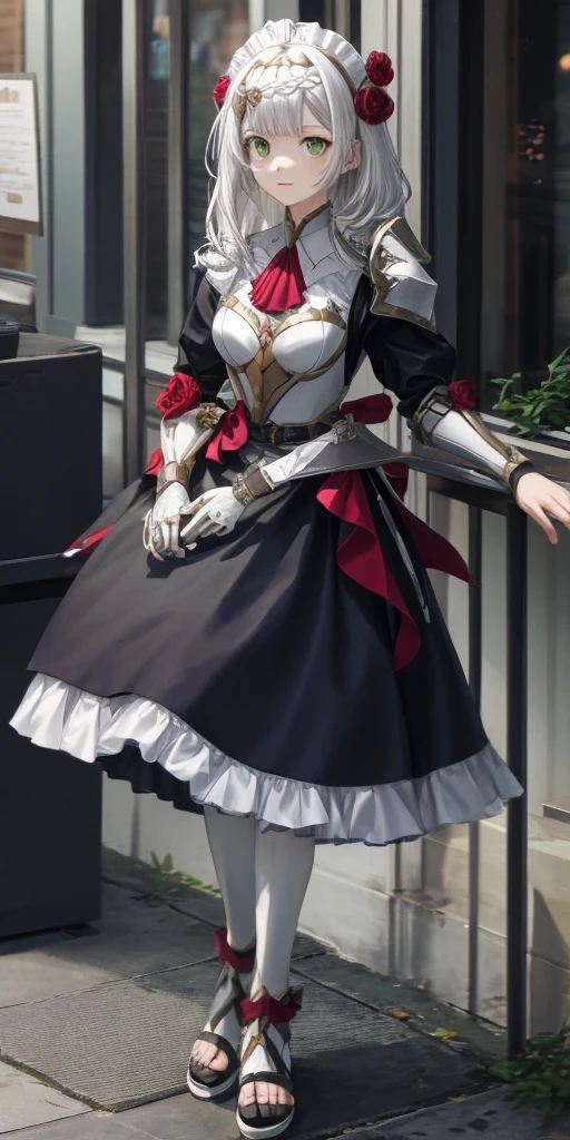 Female, standing, straight, long_hair, messy_hair, white_hair, maid with armor, metal sandals