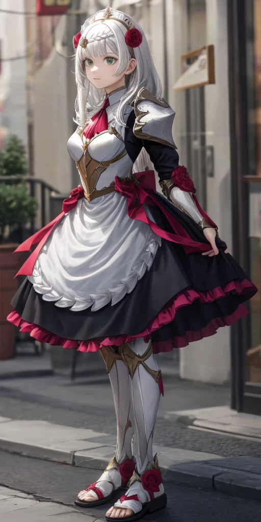 Female, standing, straight, long_hair, messy_hair, white_hair, maid with armor, metal sandals