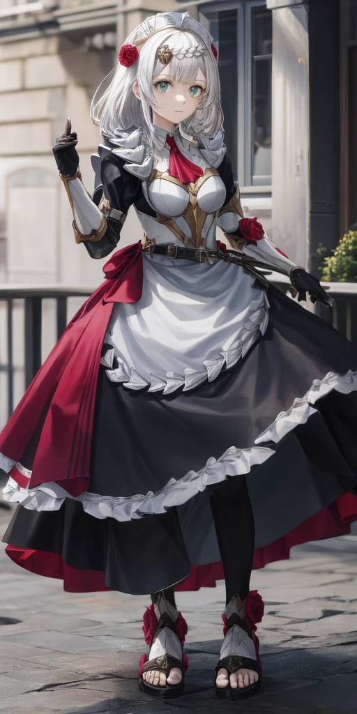 Female, standing, straight, long_hair, messy_hair, white_hair, maid with armor, metal sandals