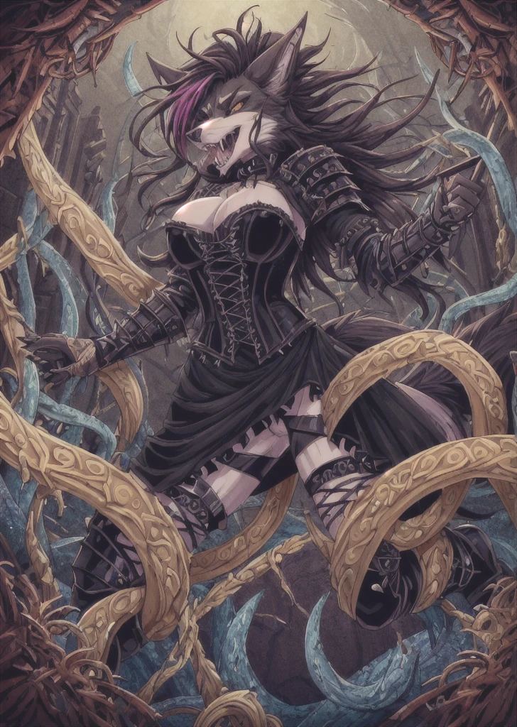 ((best quality, masterpiece, 4k, 8k, high res)), ((furry; Anthro Wolf)), tentacles, eldritch, body horror, brunette, attacking, ferocious, fangs, full body, female werewolf, sexy, vibrant colors, (edgy punk hairstyle), knight armor, well-toned abs, Victorian dress, goth corset,